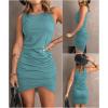 imageBTFBM Women 2025 Summer Sleeveless Tank Dresses Crew Neck Slim Fit Short Casual Ruched Bodycon Party Club Mini DressLake Blue