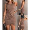 imageBTFBM Women 2025 Summer Sleeveless Tank Dresses Crew Neck Slim Fit Short Casual Ruched Bodycon Party Club Mini DressLight Brown
