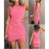 imageBTFBM Women 2025 Summer Sleeveless Tank Dresses Crew Neck Slim Fit Short Casual Ruched Bodycon Party Club Mini DressLight Pink