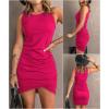 imageBTFBM Women 2025 Summer Sleeveless Tank Dresses Crew Neck Slim Fit Short Casual Ruched Bodycon Party Club Mini DressRose Red