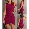 imageBTFBM Women 2025 Summer Sleeveless Tank Dresses Crew Neck Slim Fit Short Casual Ruched Bodycon Party Club Mini DressWine Red