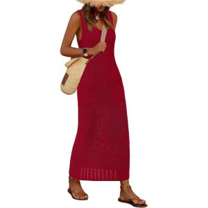 imageBTFBM Crochet Swimsuit Coverup for Women Summer Spring 2025 Swimwear Bathing Suit Cover Up Beach Dress Vacation OutfitsDark Red