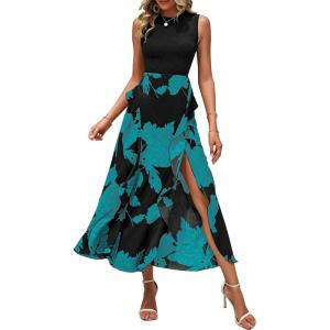 imageBTFBM Women Casual Sleeveless Summer Dresses 2025 Spring Crewneck Patchwork Boho Floral Ruffle Cocktail Party Midi DressBig Floral Lake Blue