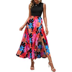 imageBTFBM Women Casual Sleeveless Summer Dresses 2025 Spring Crewneck Patchwork Boho Floral Ruffle Cocktail Party Midi DressBig Floral Multicolor