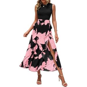 imageBTFBM Women Casual Sleeveless Summer Dresses 2025 Spring Crewneck Patchwork Boho Floral Ruffle Cocktail Party Midi DressBig Floral Pink