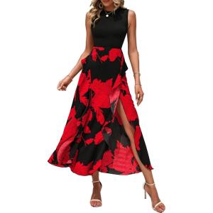 imageBTFBM Women Casual Sleeveless Summer Dresses 2025 Spring Crewneck Patchwork Boho Floral Ruffle Cocktail Party Midi DressBig Floral Red