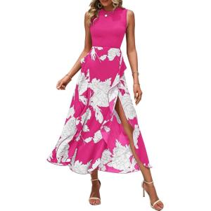 imageBTFBM Women Casual Sleeveless Summer Dresses 2025 Spring Crewneck Patchwork Boho Floral Ruffle Cocktail Party Midi DressBig Floral White Rose Red