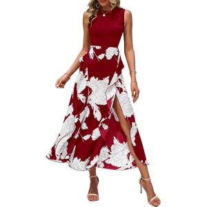 imageBTFBM Women Casual Sleeveless Summer Dresses 2025 Spring Crewneck Patchwork Boho Floral Ruffle Cocktail Party Midi DressBig Floral White Wine Red