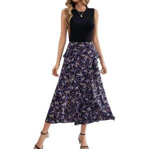imageBTFBM Women Casual Sleeveless Summer Dresses 2025 Spring Crewneck Patchwork Boho Floral Ruffle Cocktail Party Midi DressFloral Purple