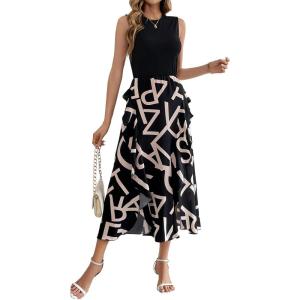 imageBTFBM Women Casual Sleeveless Summer Dresses 2025 Spring Crewneck Patchwork Boho Floral Ruffle Cocktail Party Midi DressLetter White