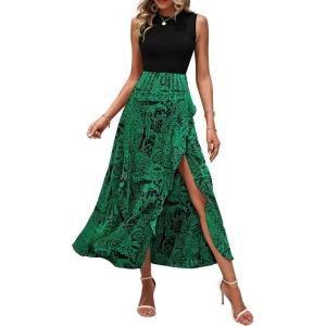 imageBTFBM Women Casual Sleeveless Summer Dresses 2025 Spring Crewneck Patchwork Boho Floral Ruffle Cocktail Party Midi DressPrint Black Green