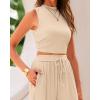 imageBTFBM Women Summer 2 Piece Outfits 2025 Beach Crew Neck Sleeveless Cropped Top Elastic Waist Wide Leg Pants Lounge SetSolid Apricot