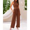 imageBTFBM Women Summer 2 Piece Outfits 2025 Beach Crew Neck Sleeveless Cropped Top Elastic Waist Wide Leg Pants Lounge SetSolid Brown