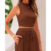 imageBTFBM Women Summer 2 Piece Outfits 2025 Beach Crew Neck Sleeveless Cropped Top Elastic Waist Wide Leg Pants Lounge SetSolid Brown