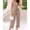 imageBTFBM Women Summer 2 Piece Outfits 2025 Beach Crew Neck Sleeveless Cropped Top Elastic Waist Wide Leg Pants Lounge SetSolid Khaki