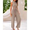 imageBTFBM Women Summer 2 Piece Outfits 2025 Beach Crew Neck Sleeveless Cropped Top Elastic Waist Wide Leg Pants Lounge SetSolid Khaki