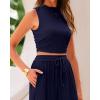 imageBTFBM Women Summer 2 Piece Outfits 2025 Beach Crew Neck Sleeveless Cropped Top Elastic Waist Wide Leg Pants Lounge SetSolid Navy