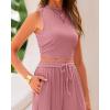 imageBTFBM Women Summer 2 Piece Outfits 2025 Beach Crew Neck Sleeveless Cropped Top Elastic Waist Wide Leg Pants Lounge SetSolid Pink