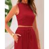 imageBTFBM Women Summer 2 Piece Outfits 2025 Beach Crew Neck Sleeveless Cropped Top Elastic Waist Wide Leg Pants Lounge SetSolid Red