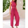 imageBTFBM Women Summer 2 Piece Outfits 2025 Beach Crew Neck Sleeveless Cropped Top Elastic Waist Wide Leg Pants Lounge SetSolid Rose Red