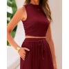 imageBTFBM Women Summer 2 Piece Outfits 2025 Beach Crew Neck Sleeveless Cropped Top Elastic Waist Wide Leg Pants Lounge SetSolid Wine Red