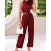 imageBTFBM Women Summer 2 Piece Outfits 2025 Beach Crew Neck Sleeveless Cropped Top Elastic Waist Wide Leg Pants Lounge SetSolid Wine Red
