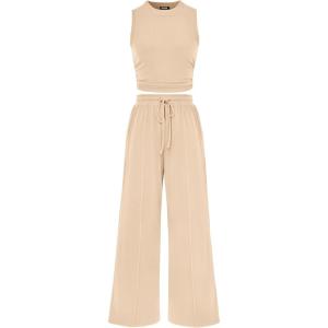 imageBTFBM Women Summer 2 Piece Outfits 2025 Beach Crew Neck Sleeveless Cropped Top Elastic Waist Wide Leg Pants Lounge SetSolid Apricot