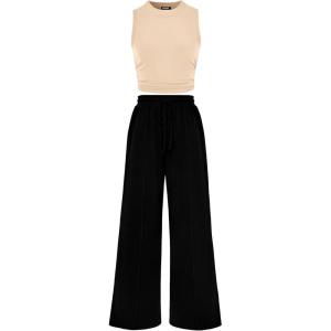 imageBTFBM Women Summer 2 Piece Outfits 2025 Beach Crew Neck Sleeveless Cropped Top Elastic Waist Wide Leg Pants Lounge SetSolid Apricot Black