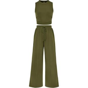 imageBTFBM Women Summer 2 Piece Outfits 2025 Beach Crew Neck Sleeveless Cropped Top Elastic Waist Wide Leg Pants Lounge SetSolid Army Green