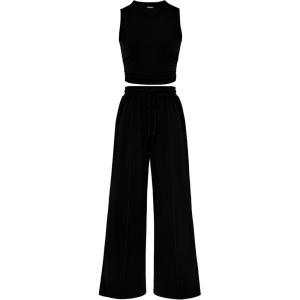 imageBTFBM Women Summer 2 Piece Outfits 2025 Beach Crew Neck Sleeveless Cropped Top Elastic Waist Wide Leg Pants Lounge SetSolid Black