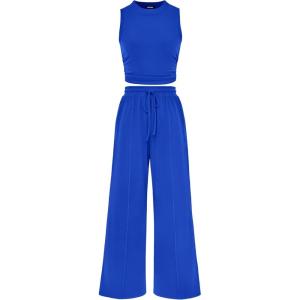 imageBTFBM Women Summer 2 Piece Outfits 2025 Beach Crew Neck Sleeveless Cropped Top Elastic Waist Wide Leg Pants Lounge SetSolid Blue