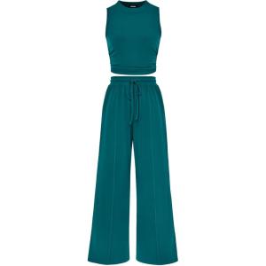 imageBTFBM Women Summer 2 Piece Outfits 2025 Beach Crew Neck Sleeveless Cropped Top Elastic Waist Wide Leg Pants Lounge SetSolid Blue Green