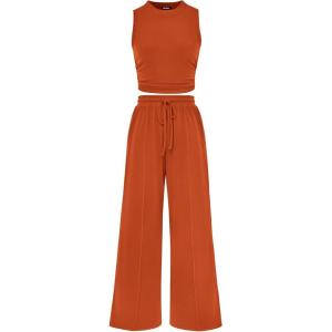 imageBTFBM Women Summer 2 Piece Outfits 2025 Beach Crew Neck Sleeveless Cropped Top Elastic Waist Wide Leg Pants Lounge SetSolid Brick Red