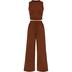 imageBTFBM Women Summer 2 Piece Outfits 2025 Beach Crew Neck Sleeveless Cropped Top Elastic Waist Wide Leg Pants Lounge SetSolid Brown
