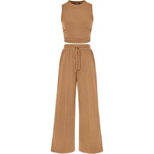 imageBTFBM Women Summer 2 Piece Outfits 2025 Beach Crew Neck Sleeveless Cropped Top Elastic Waist Wide Leg Pants Lounge SetSolid Camel