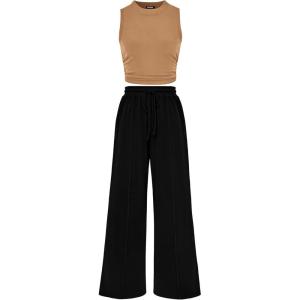 imageBTFBM Women Summer 2 Piece Outfits 2025 Beach Crew Neck Sleeveless Cropped Top Elastic Waist Wide Leg Pants Lounge SetSolid Camel Black
