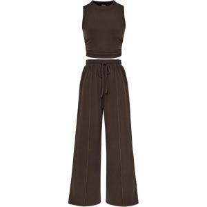imageBTFBM Women Summer 2 Piece Outfits 2025 Beach Crew Neck Sleeveless Cropped Top Elastic Waist Wide Leg Pants Lounge SetSolid Coffee