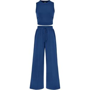 imageBTFBM Women Summer 2 Piece Outfits 2025 Beach Crew Neck Sleeveless Cropped Top Elastic Waist Wide Leg Pants Lounge SetSolid Dark Blue