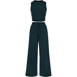 imageBTFBM Women Summer 2 Piece Outfits 2025 Beach Crew Neck Sleeveless Cropped Top Elastic Waist Wide Leg Pants Lounge SetSolid Deep Green