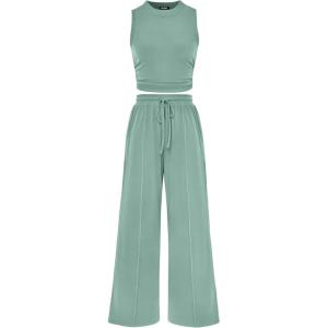imageBTFBM Women Summer 2 Piece Outfits 2025 Beach Crew Neck Sleeveless Cropped Top Elastic Waist Wide Leg Pants Lounge SetSolid Fruit Green