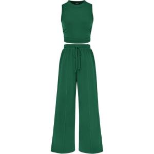imageBTFBM Women Summer 2 Piece Outfits 2025 Beach Crew Neck Sleeveless Cropped Top Elastic Waist Wide Leg Pants Lounge SetSolid Green