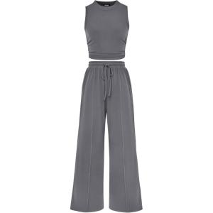 imageBTFBM Women Summer 2 Piece Outfits 2025 Beach Crew Neck Sleeveless Cropped Top Elastic Waist Wide Leg Pants Lounge SetSolid Grey