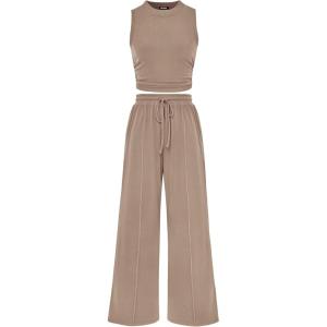 imageBTFBM Women Summer 2 Piece Outfits 2025 Beach Crew Neck Sleeveless Cropped Top Elastic Waist Wide Leg Pants Lounge SetSolid Khaki