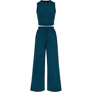 imageBTFBM Women Summer 2 Piece Outfits 2025 Beach Crew Neck Sleeveless Cropped Top Elastic Waist Wide Leg Pants Lounge SetSolid Lake Blue