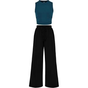 imageBTFBM Women Summer 2 Piece Outfits 2025 Beach Crew Neck Sleeveless Cropped Top Elastic Waist Wide Leg Pants Lounge SetSolid Lake Blue Black