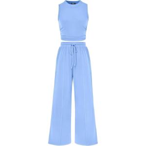 imageBTFBM Women Summer 2 Piece Outfits 2025 Beach Crew Neck Sleeveless Cropped Top Elastic Waist Wide Leg Pants Lounge SetSolid Light Blue