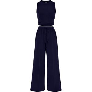 imageBTFBM Women Summer 2 Piece Outfits 2025 Beach Crew Neck Sleeveless Cropped Top Elastic Waist Wide Leg Pants Lounge SetSolid Navy