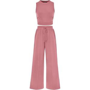 imageBTFBM Women Summer 2 Piece Outfits 2025 Beach Crew Neck Sleeveless Cropped Top Elastic Waist Wide Leg Pants Lounge SetSolid Pink