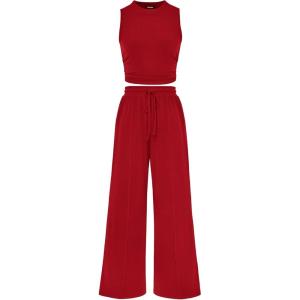 imageBTFBM Women Summer 2 Piece Outfits 2025 Beach Crew Neck Sleeveless Cropped Top Elastic Waist Wide Leg Pants Lounge SetSolid Red