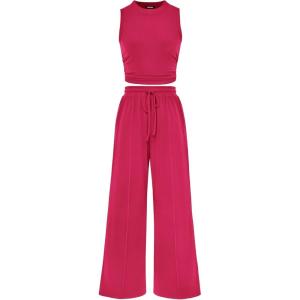 imageBTFBM Women Summer 2 Piece Outfits 2025 Beach Crew Neck Sleeveless Cropped Top Elastic Waist Wide Leg Pants Lounge SetSolid Rose Red